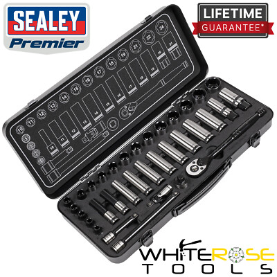 Sealey Socket Set Metric WallDrive Ratchet Handle Premier Black 34pc 3/8'' Drive 
