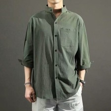 Mens Linen Casual Shirt Tee Collarless Grandad Button Down Short Sleeve Tops