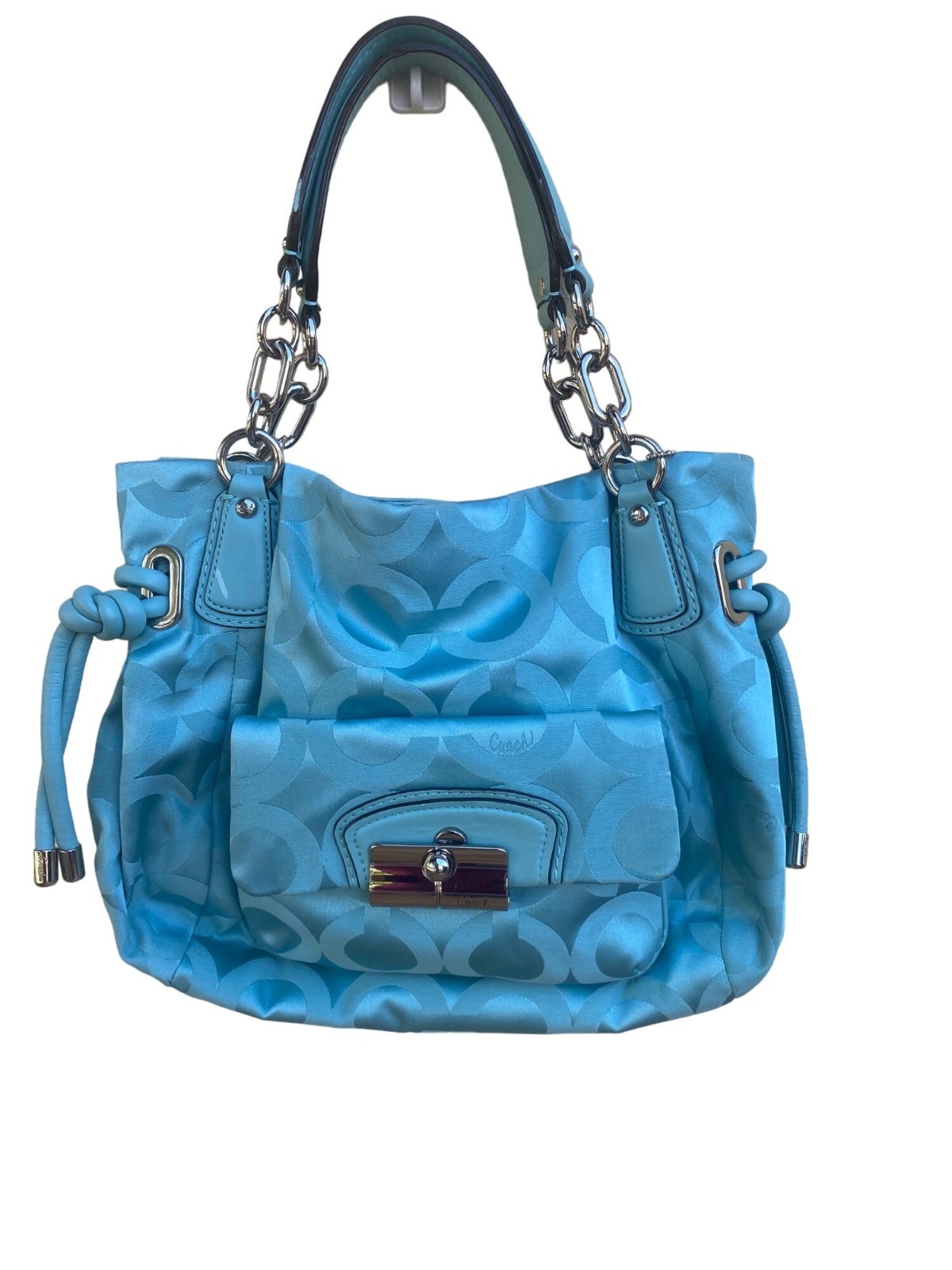 NWT Coach Signature Collection Blue Satin Handbag With Silver Hardware & Leather