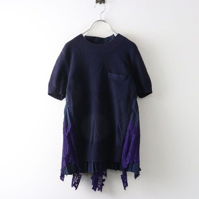 sacai Chemical Lace Back Flare Pleats Knit Switching Pullover Top 1 Navy