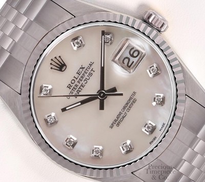 Rolex Datejust 36mm Steel Jubilee 18K WG Fluted Bezel White MOP Diamond Dial