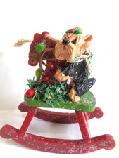 OOAK -Original Hand Sculpted YORKSHIRE TERRIER ROCKING HORSE Christmas  Ornament