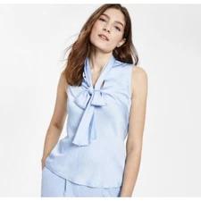 NWOT Bar III Blue Satin Bias Cut Bow Tie Neck Sleeveless Top Women's Size L