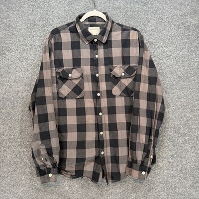 Warp and Weft Button Down Shirt Mens XL Tan Buffalo Plaid Long Sleeve Casual
