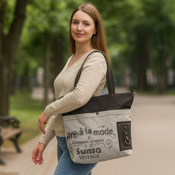 Sunsa Canvas Handtasche. Vintage Schultertasche. Grau Schwarz GroßE Damentasche-image