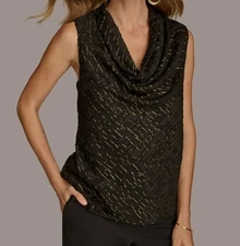 Donna Karan New York Women Black Sleeveless Metallic Cowlneck Top Size L