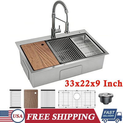 #ad #ad 33x22x9 Inch Drop in Kitchen Sink Single Bowl Sink with Pull Down Spring Faucet $198.89