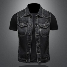 Men's Retro Gradient Denim Vest Slim Fit Sleeveless Motorcycle Biker Jacket