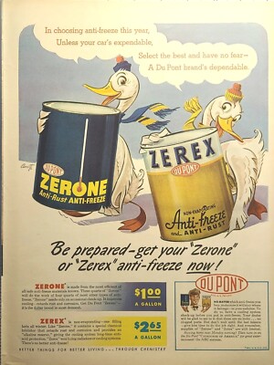 Du Pont Zerex Zerone Auto Anti-Freeze with Anti-Rust Ducks Vintage Print Ad 1946
