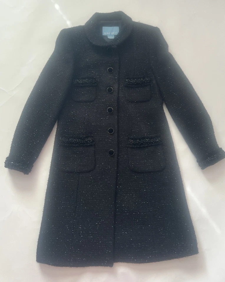 Vestido Abrigo Mujer Nine West Negro Lentejuelas Tweed Botón Frontal Semi Ajustado Talla 8 Foto 2 de 4