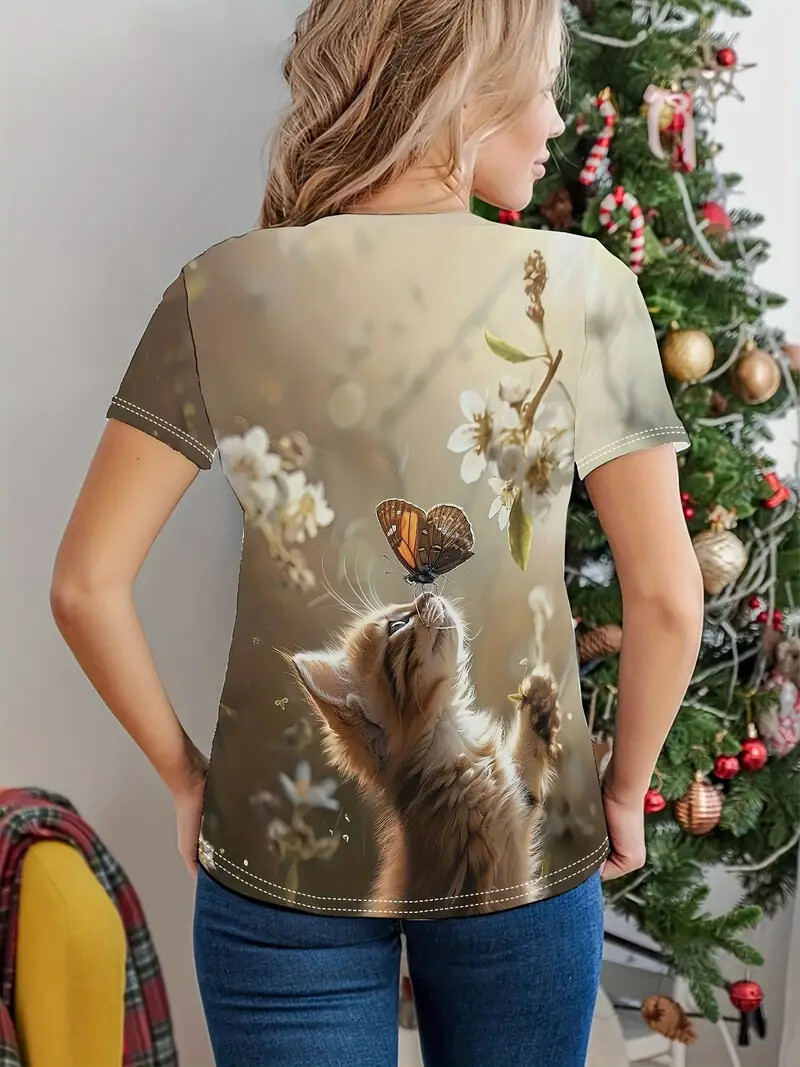 Butterfly Flower Kitten Cat Tee for Women v neck printed T Shirt vivid ...