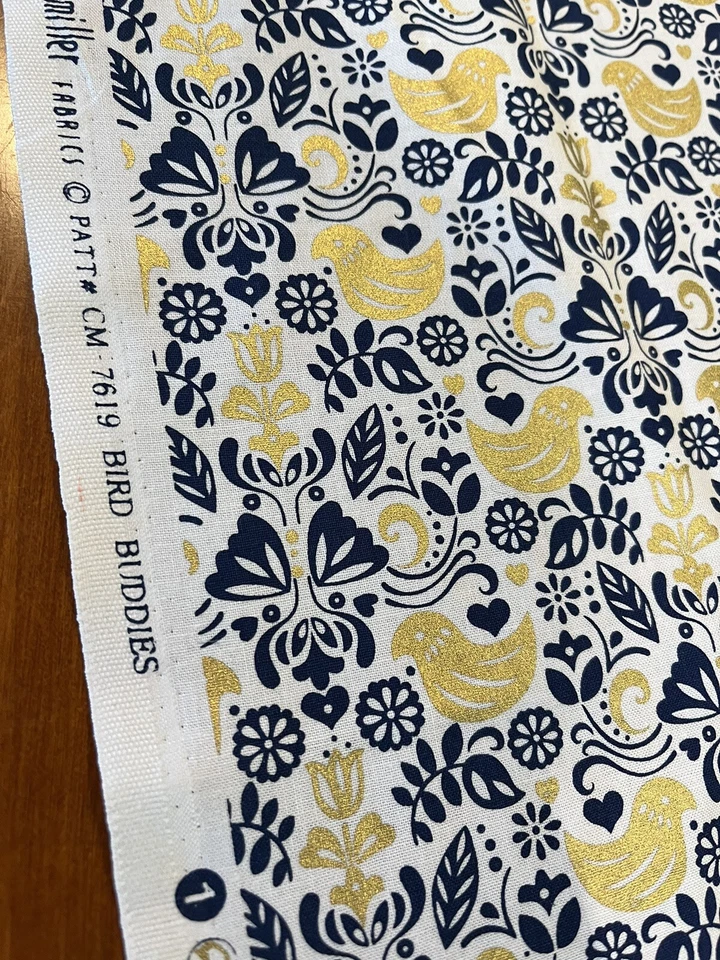 4.5 Yds Michael Miller Bird Buddies Navy Metallic Gold Fabric - Image 3 of 4