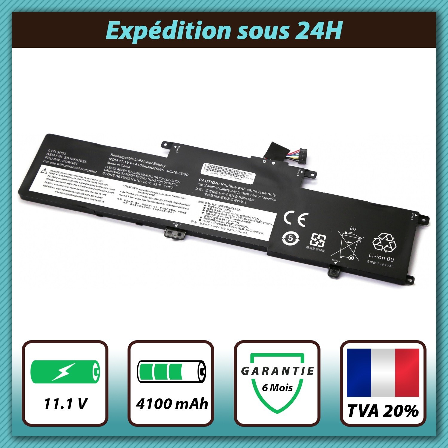 Batterie Lenovo SB10K97626 de 4100mAh pour réparer les coupures de PC portable