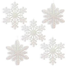 Large Snowflakes - Set of 5 White Glittered Snowflakes - 12" Diam #3535