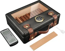 Cigar Box with Hygrometer Humidifier and Divider, Glass Top Wood Storage Case