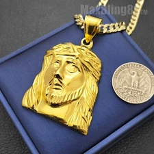Brass Jesus Portrait Holy Gold Plated Pendant & 14K Stamped Cuban Chain Necklace