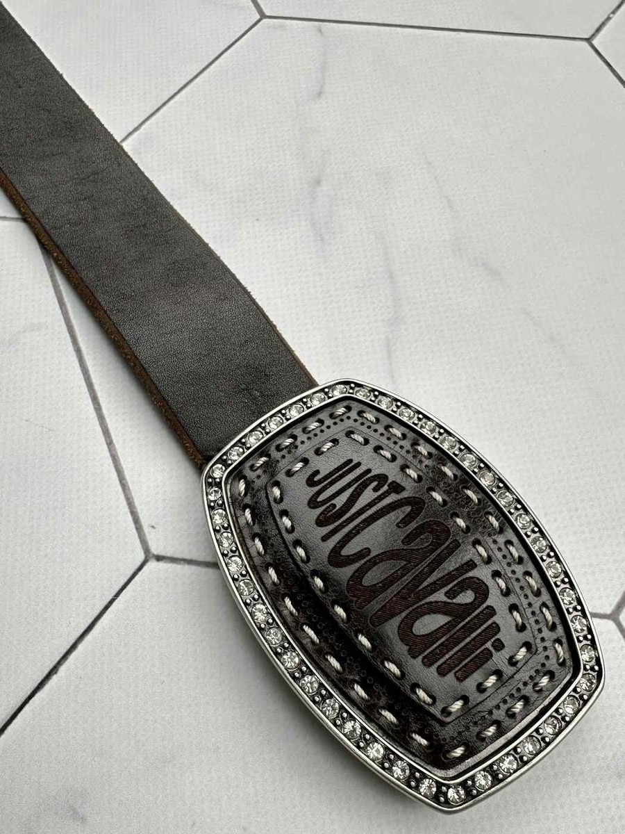 Just Cavalli Brown Leather Belt Size 105 Crystal Logo Buckle  display picture 3