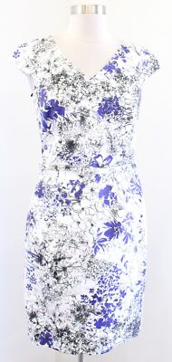 David Meister White Blue Black Abstract Floral Belted Cap Sleeve Sheath Dress 2