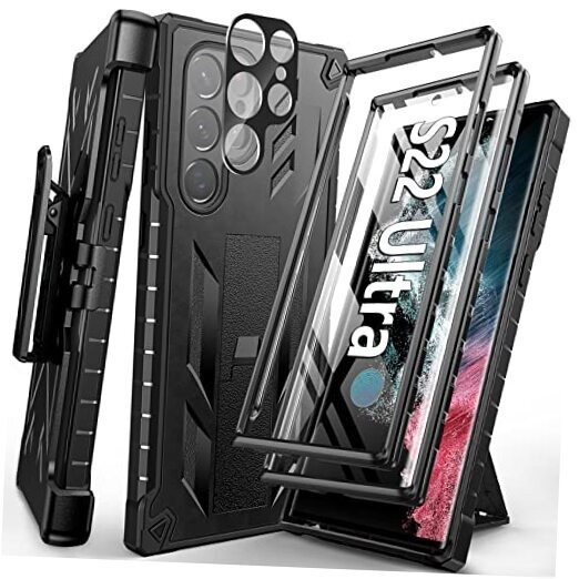 for Samsung Galaxy S22 Ultra Case: Built-in Screen Protector & Kickstand Black
