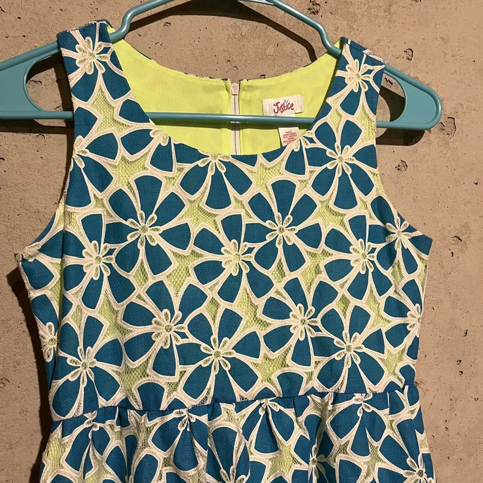 Justice Girls Dress Size 12 Lace Blue Lined Neon Green Floral Summer Party - Image 2 of 4