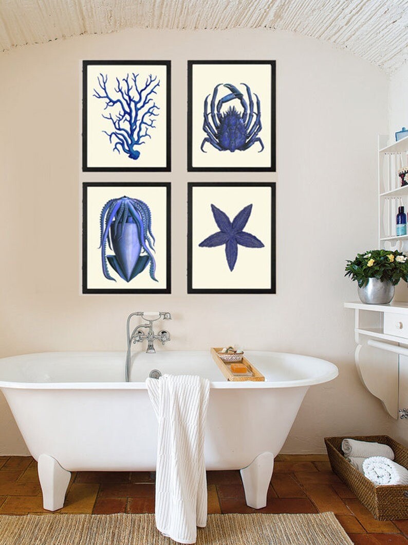 Blue Bathroom Wall Art Set of 4 Prints Beautiful Antique Vintage Sea