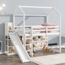 Twin Wood Loft Bed w/ Slide, Shelves & Light