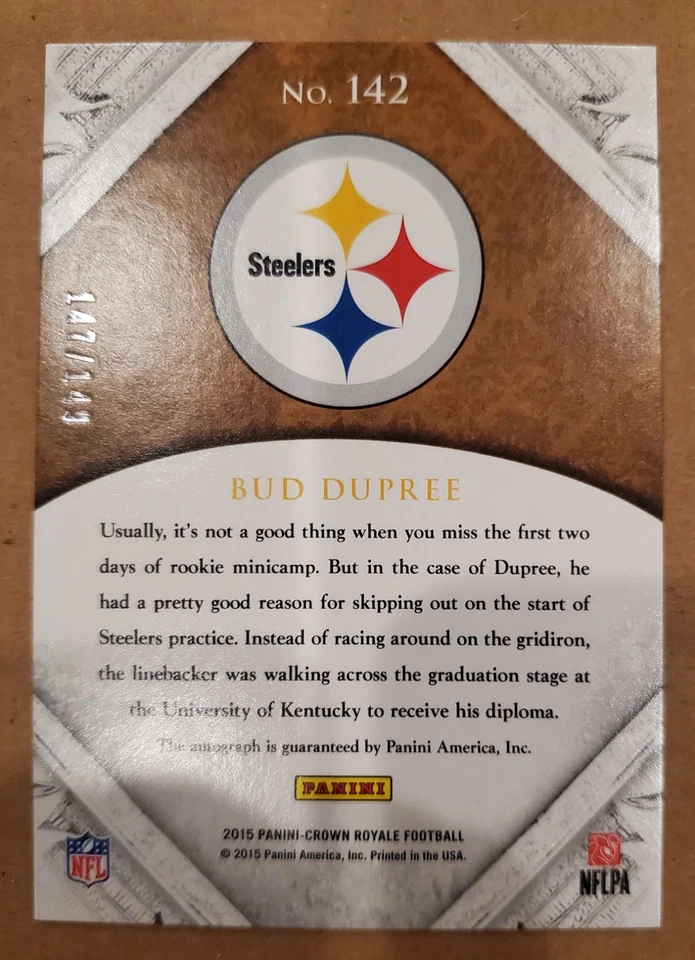 2015 Panini Crown Royale Bud Dupree Rookie Autograph #142 /149 - Steelers - Image 2 of 2