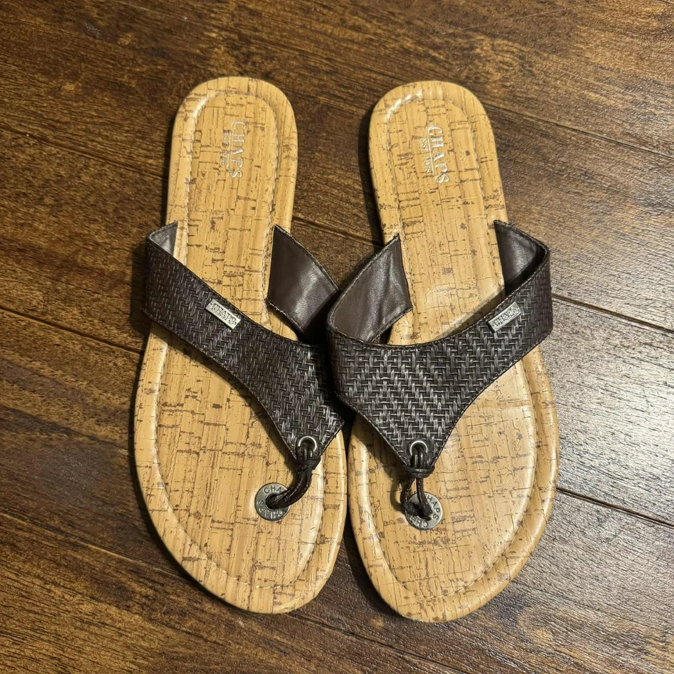 VTG Chaps Navy Blue Woven MM Leather/Cork Logo Flip Flops Flats Women's Size 10 - Image 2 of 4