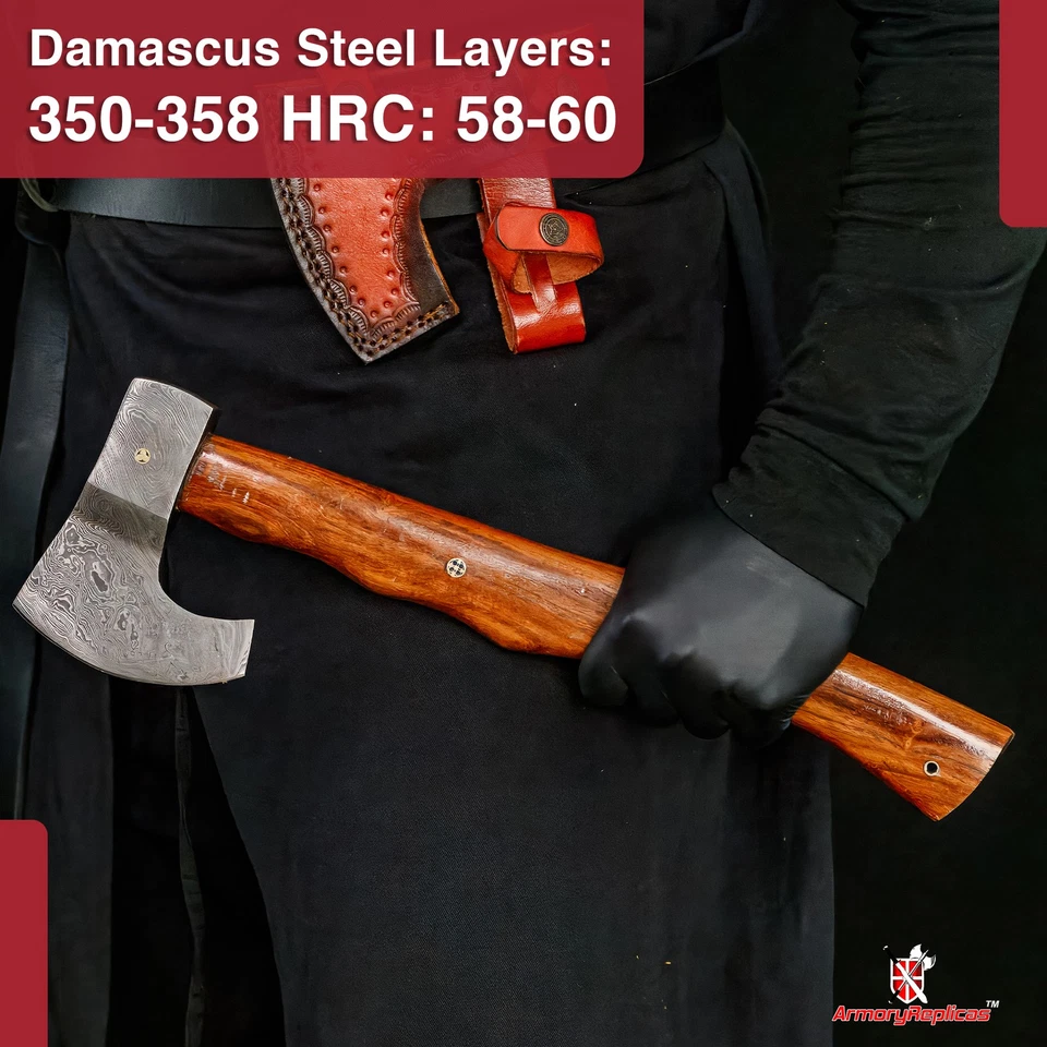 Hacha barbuda de acero Damasco lista para batalla, hacha guerrera vikinga, mango de madera y funda Foto 4 de 4
