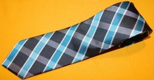 BESPOKE NEW YORK GREY/BLUE/WHITE PLAIDS POLYESTER TIE - NWOT - DESIGNER TIES.