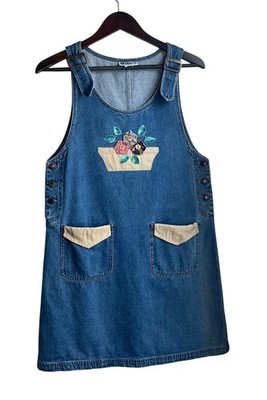 Haik's VTG 80's Medium Denim Jumper Dress Floral 3D Appliqué Adjustable Cottage