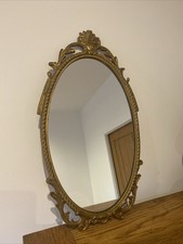 VINTAGE METAL GILT GOLD OVAL WALL HANGING ORNATE MIRROR