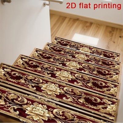 Luxurious Red And Golden Floral Relief Pattern Stair Mat, Non-Slip Step Mat, P