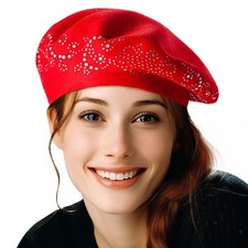 Red Barrette Hat French Beret for Women Ladies Dress Soft Wool Knitted Caps