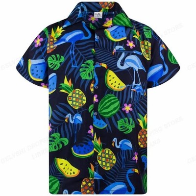 Herren Button Down lila Flamingo Ananas Wassermelone tropisch Strand Hemd