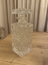 Vintage Cut Glass Decanter Square Pattern Stopper Retro Barware