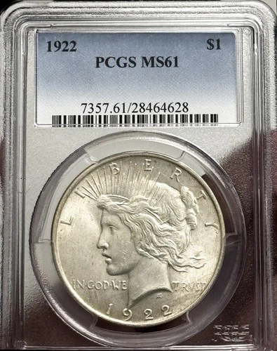1922 $1 Peace Dollar PCGS MS61, Mint State, 90% Silver  (Ref. 4628)