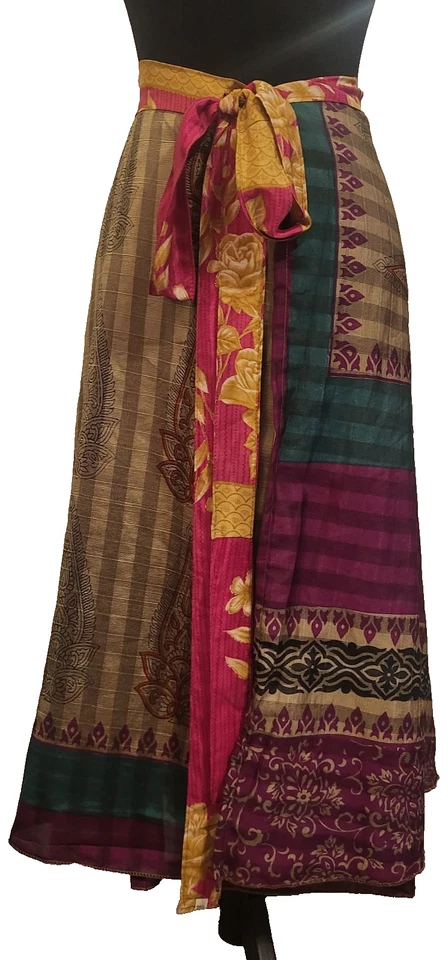 Maxi Falda Estilo Sari Envolvente Seda Reversible Talla Única Rosa Floral, Estampado Marrón Foto 2 de 4