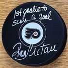 Signed RON HEXTALL "1st Goalie to Score" Philadelphia Flyers  Hockey Puck JSA
