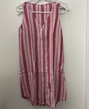 Gap Button Up Linen Blend Button Dress XS Red Vertical Stripe V-Neck Sleeveless