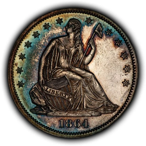1864 50c Seated Liberty Silver Half Dollar - PQ Neon Rim Toning - UNC - B5470