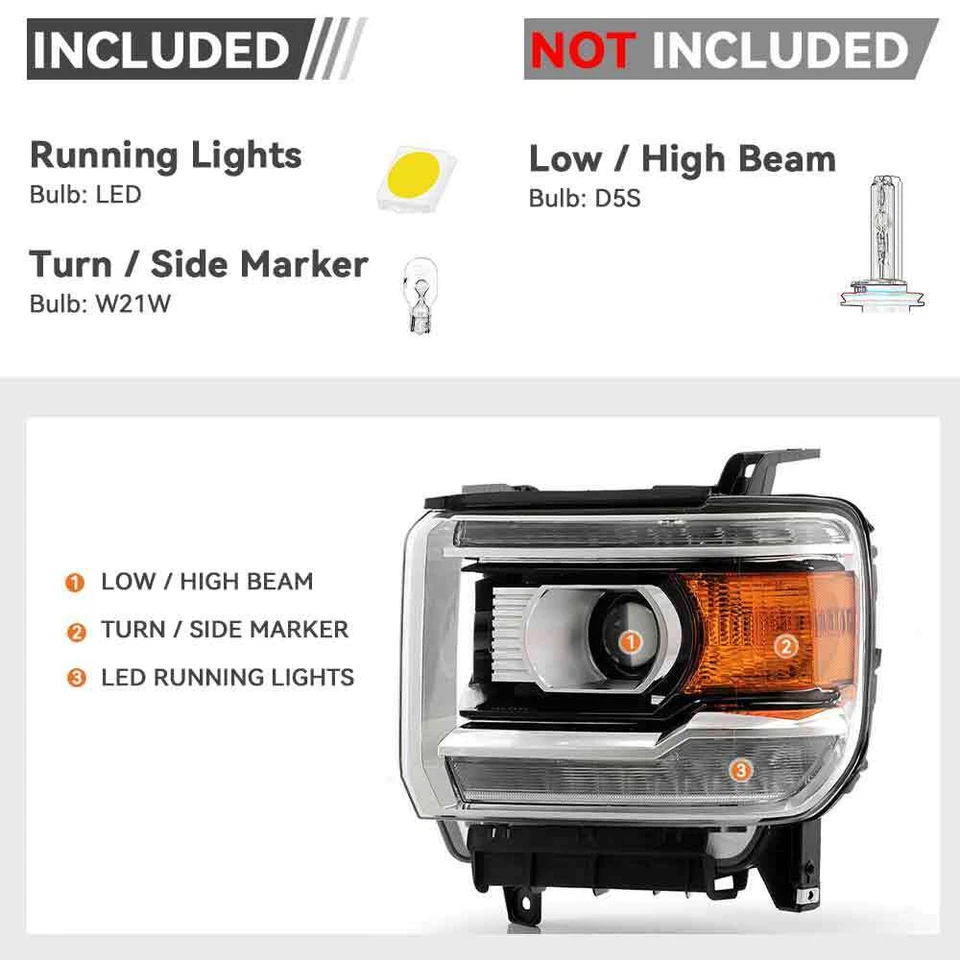 Faro HID para GMC Sierra 2500HD 2016-2019 con proyector LED DRL lado del conductor Foto 3 de 4