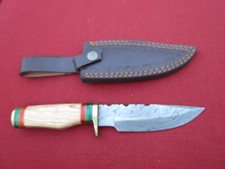 Large Damascus Bowie knife w beautiful blonde wood handle  leather sheath