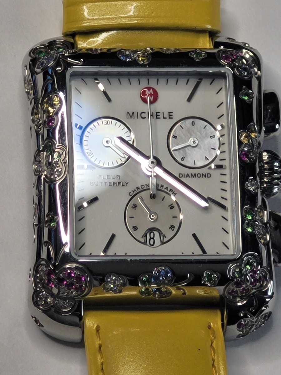 Michele Mother-of-Pearl Dial Diamond Accent Chronograph Watch - Black/Gold Strap s-l400.jpg main image 2