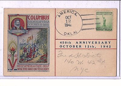 Columbus Postcard - Discovery of America 450th Anniversary 1942