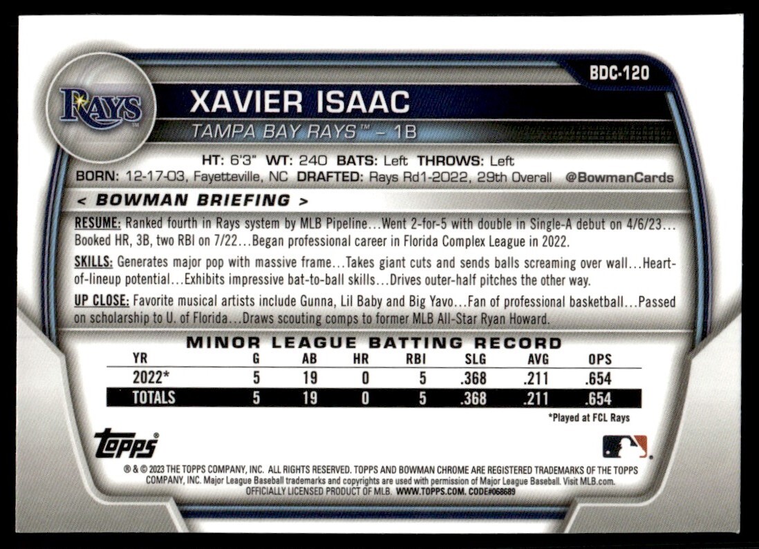 2023 Bowman Chrome Sapphire #BDC-120 Xavier Isaac Tampa Bay Rays