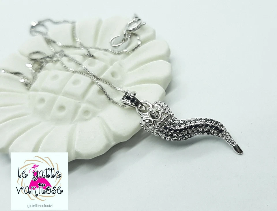 🌶Collana con Corno cornetto Portafortuna Argento 925 Zirconi Neri bombato🌶 - Immagine 2 di 4