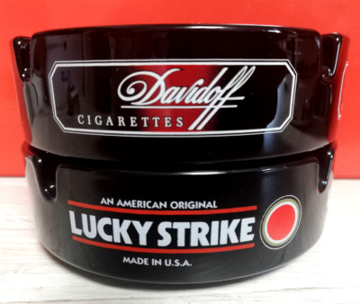 Lucky Strike,  Davidoff  Two Black Glass Cigarette Advertising Ashtrays