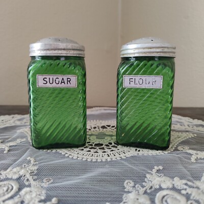 VTG Deco Owens-Illinois Forest Green Diagonal Ribbed Sugar Flour Shakers c.1930