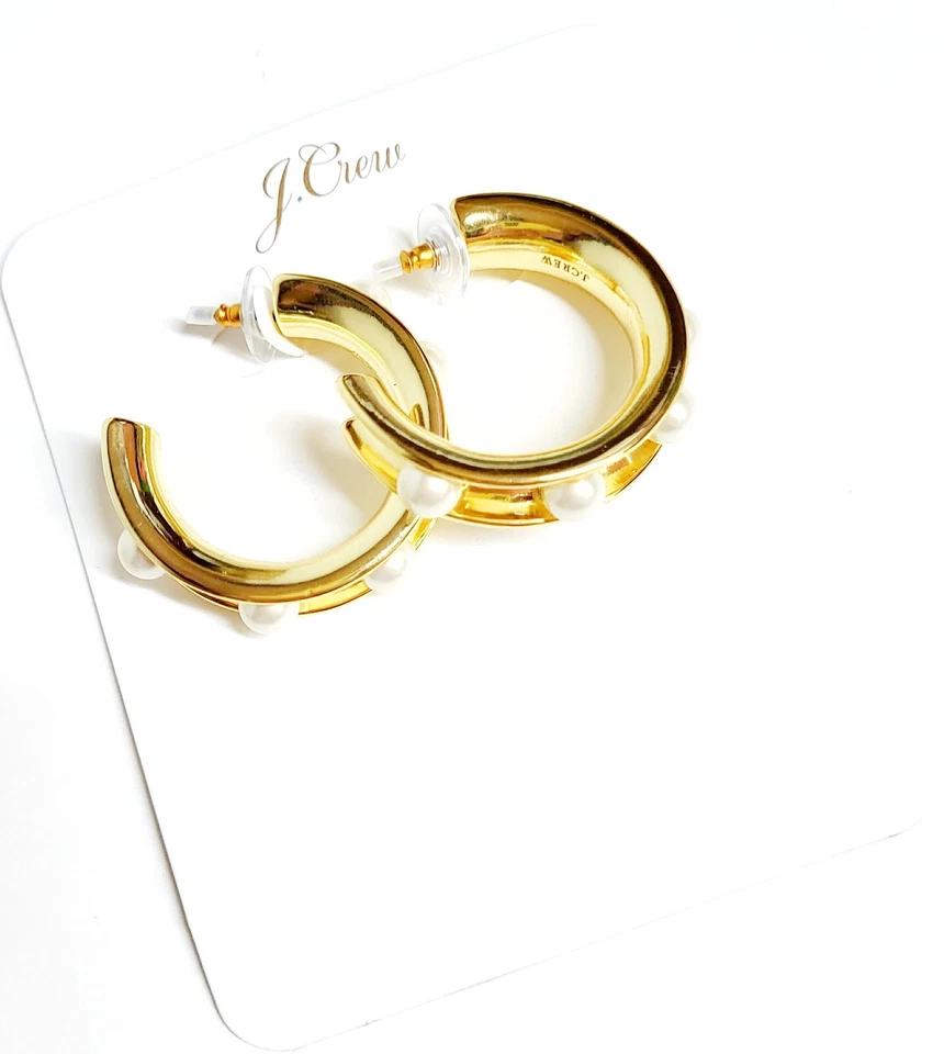 Pendientes colgantes de aro con tachuelas de perlas J.Crew en latón chapado en oro con perlas BO255 NUEVOS CON ETIQUETAS Foto 4 de 4